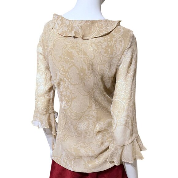 Y2K Silk Ruffled Babydoll Top S Flare Sleeves Beaded Neutral Fairy 100% Silk - Picture 5 of 7